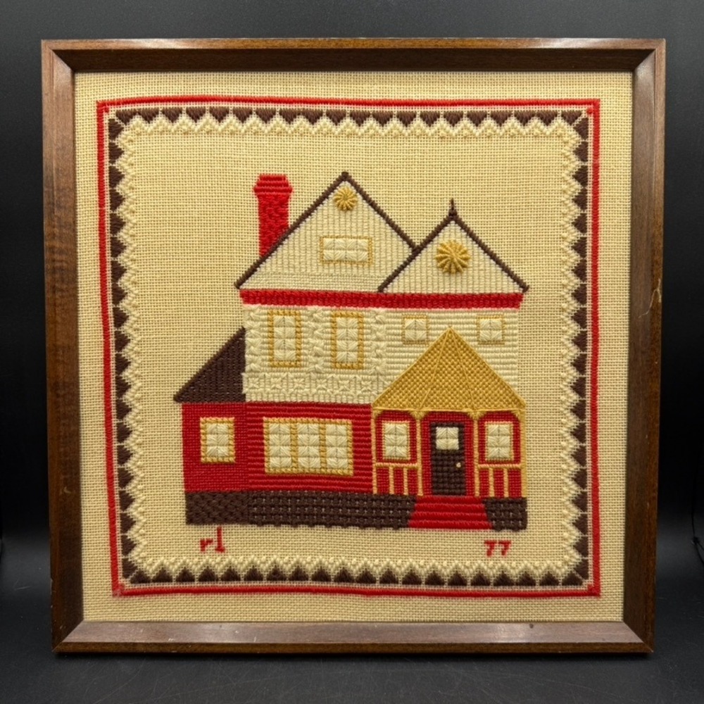 Vintage OOAK 1970s House Needlepoint Wall Art Handmade Cottagecore Folk Art